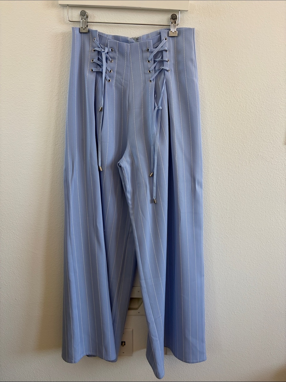 Fashion Nova Light Blue Pinstripe Wide-Leg Lace-Up Pants